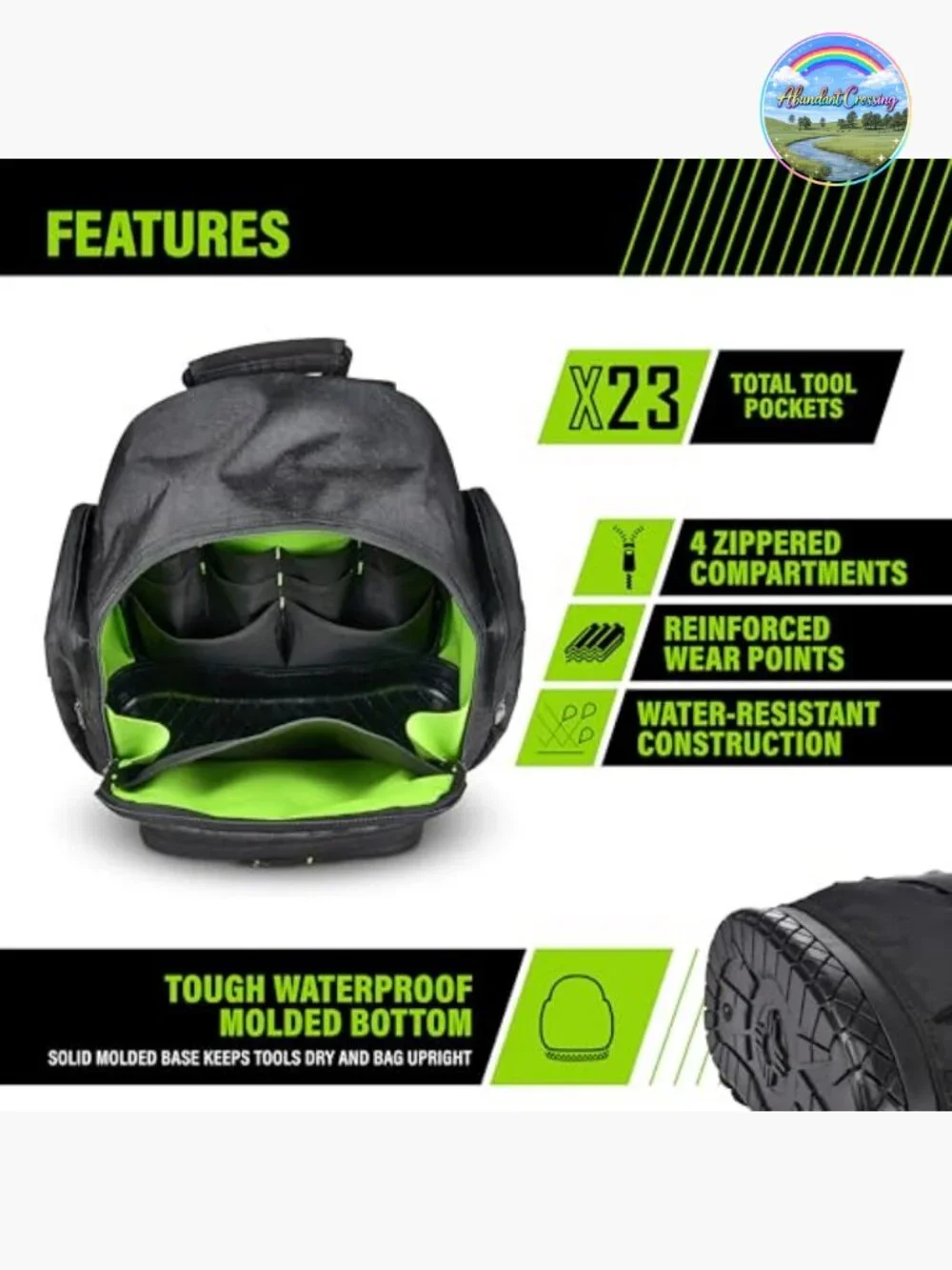 Rugged Tool Backpack 600D Polyester Waterproof Base 23 Pockets Padded Straps